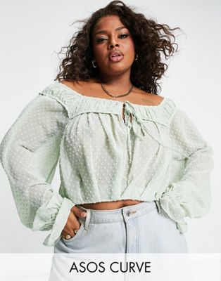 ASOS DESIGN Curve dobby blouse with volume sleeve & tie front in sage green - ASOS Price Checker
