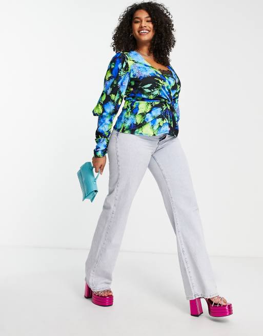 ASOS DESIGN Curve - Blouse stretch avec détail en dentelle - Bleu fleuri abstrait, 4 de 4
