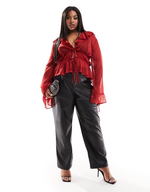 ASOS DESIGN Curve - Blouse volantée en mousseline avec liens noués - Rouge, 2 de 4