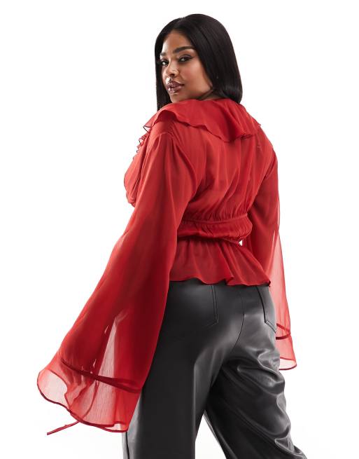 ASOS DESIGN Curve - Blouse volantée en mousseline avec liens noués - Rouge, 4 de 4