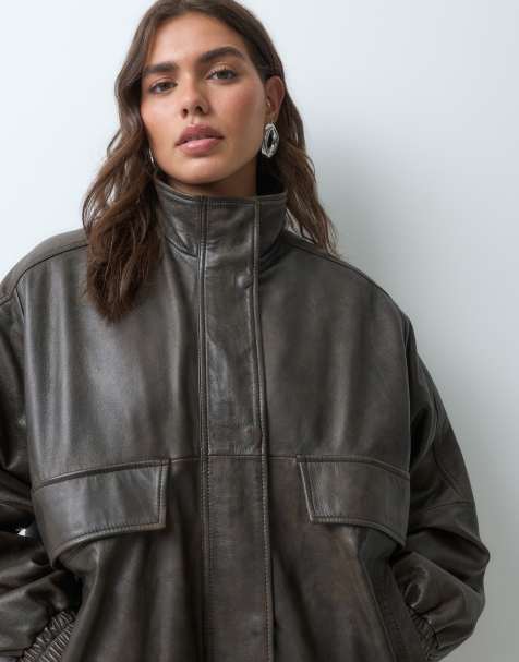 ASOS DESIGN Curve blouson bomber oversize en cuir véritable marron délavé - view 1