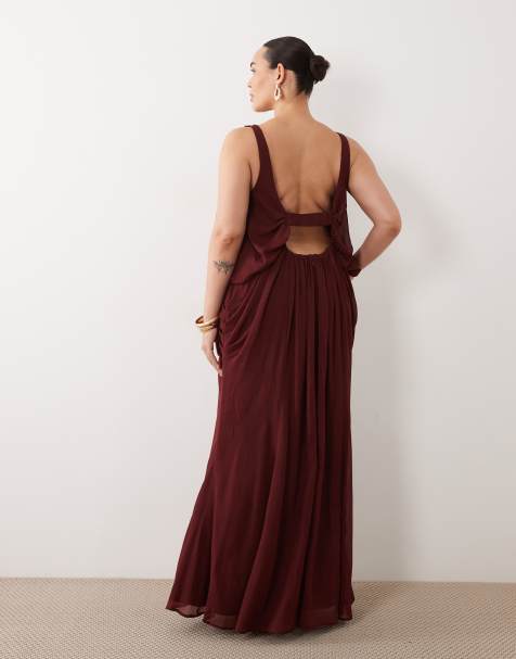 ASOS DESIGN Curve blouson drape maxi dress with low back in hot chocolate - view 1