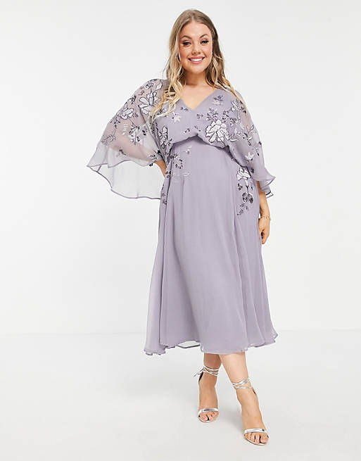 Curve blouson embroidered midi dress with cape back 