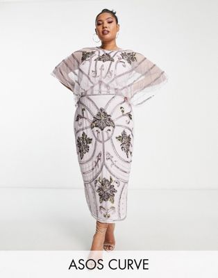 ASOS DESIGN Curve blouson midi dress with art nouveau embellishment in lilac - ASOS Price Checker