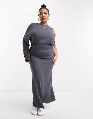 ASOS Curve ASOS DESIGN Curve blouson one sleeve maxi dress with tie side in charcoal-Grey