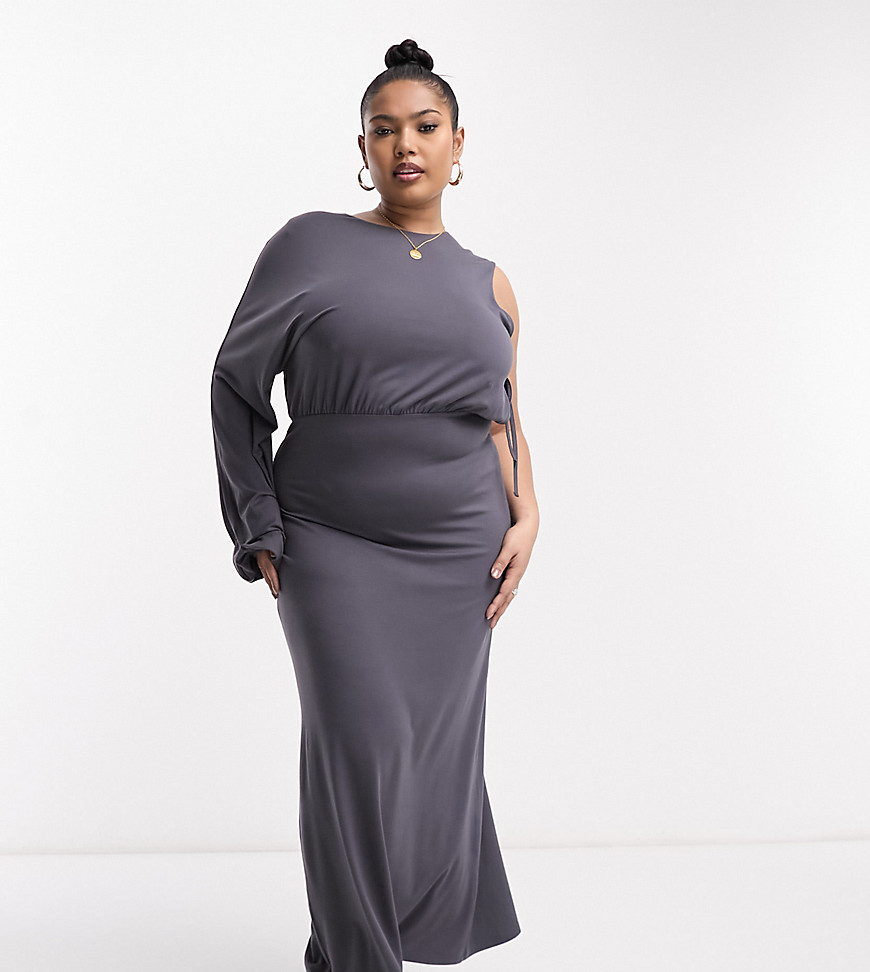 ASOS DESIGN Curve blouson one sleeve maxi dress with tie side in charcoal-Grey