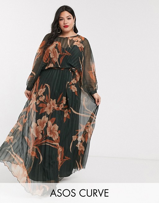 ASOS DESIGN Curve blouson pleated maxi dress with self belt in floral print
