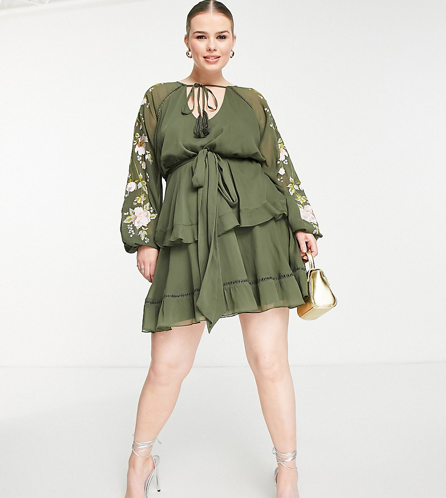 ASOS DESIGN Curve blouson sleeve tiered mini dress with embroidery in khaki-Green