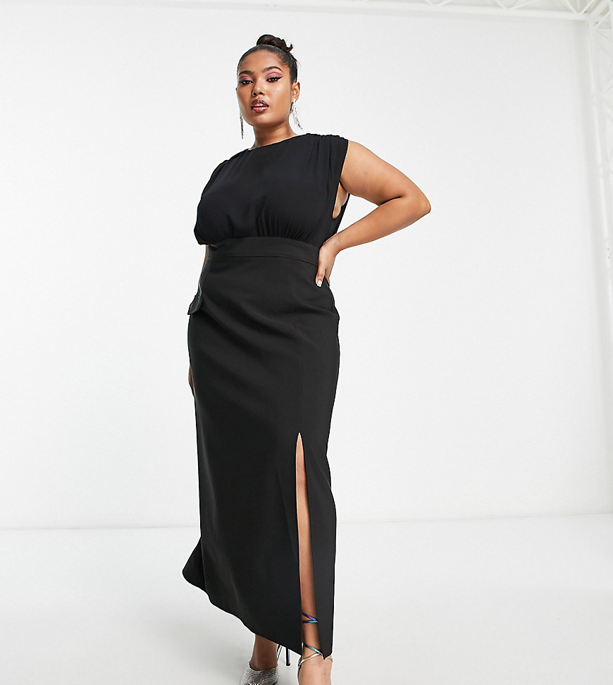 ASOS DESIGN Curve blouson sleeveless midi dress with pocket and split detail in black