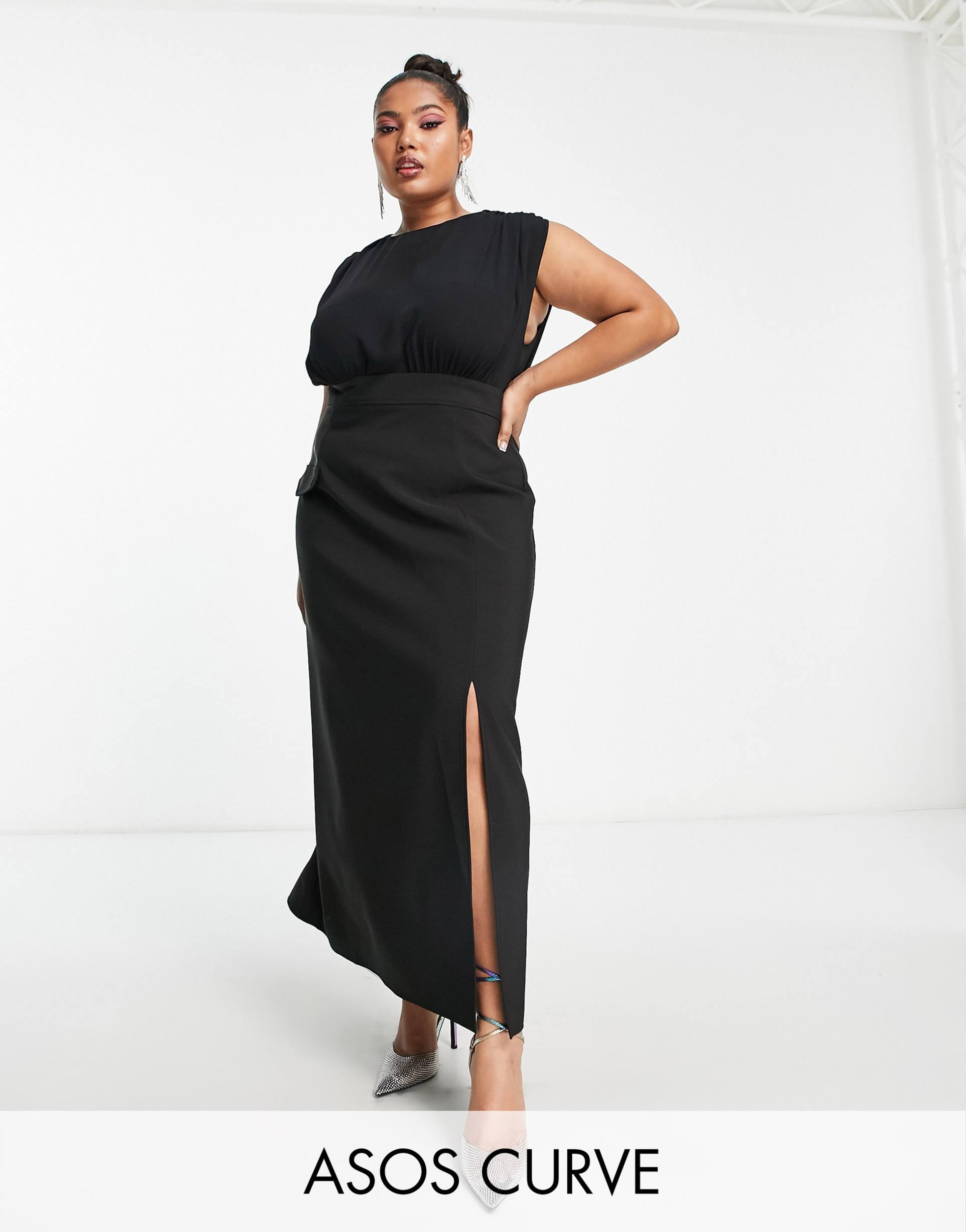 asos design curve blouson sleeveless midi dress with pocket and split detail in black