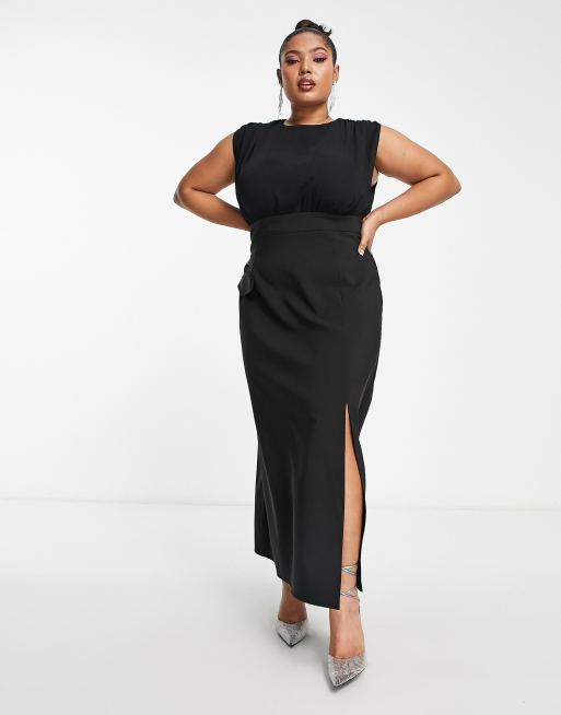 ASOS DESIGN Curve blouson sleeveless midi dress with pocket and split detail in black