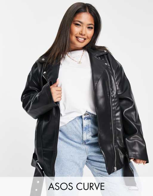 ASOS DESIGN Curve - Blouson style motard long et oversize en imitation cuir - Noir