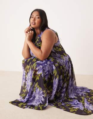 Asos Curve Asos Design Curve Blown Up Floral Maxi Dress With Raised Waist Seam In Multi
