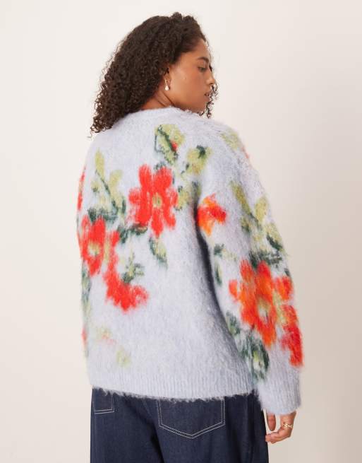 ASOS DESIGN Curve blurred floral relaxed jumper in blue, 4 of 4