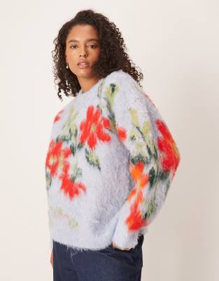 Asos Curve Asos Design Curve Blurred Floral Relaxed Sweater In Multi