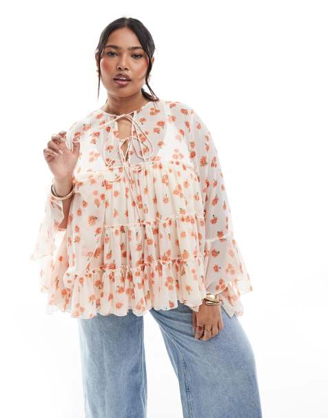 ASOS DESIGN Curve - Blusa a balze allacciata sul davanti con stampa a fiori e polsini con volant - view 1