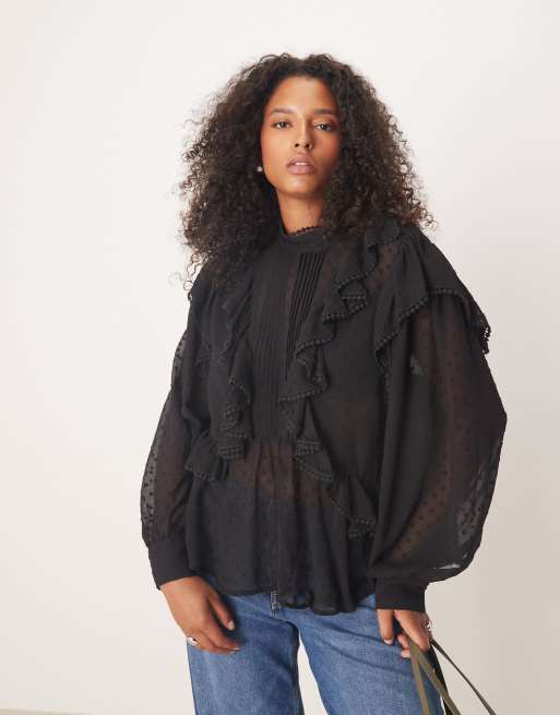 ASOS DESIGN Curve - Blusa a maniche lunghe nera con volant e dettagli ricamati