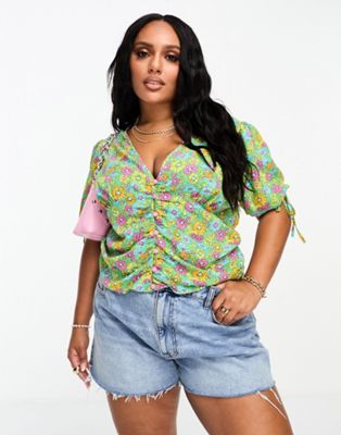 ASOS DESIGN Curve button front tee blouse with ruched waist in bright daisy floral print - ASOS Price Checker