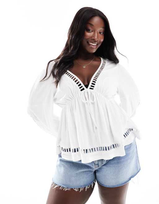 ASOS DESIGN Curve Blusa stropicciata bianca con dettagli in pizzo sangallo e maniche a palloncino ASOS