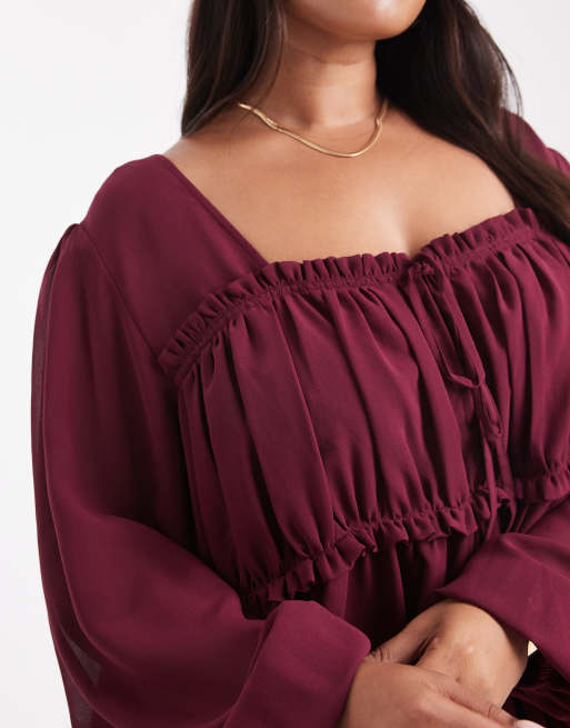 ASOS DESIGN Curve – Bluse aus durchscheinendem Material in Burgunderrot mit Passe und gerafftem Detail, 3 von 4