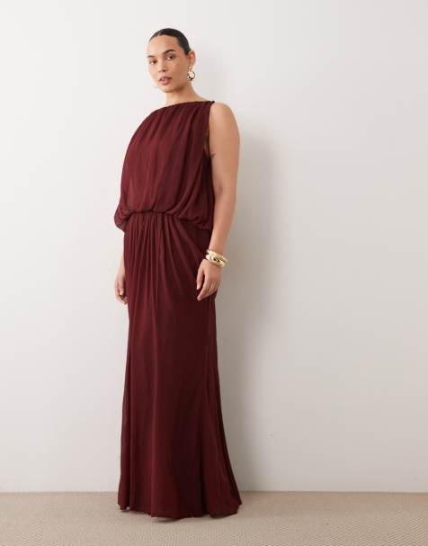 ASOS DESIGN Curve blusig maxiklänning med drapering och låg rygg i varm choklad - view 1
