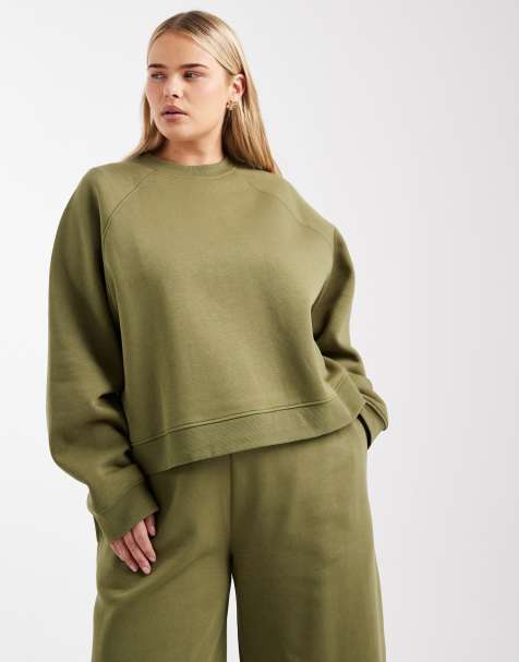 ASOS DESIGN Curve oversized brushback sweatshirt with raglan detail in khaki