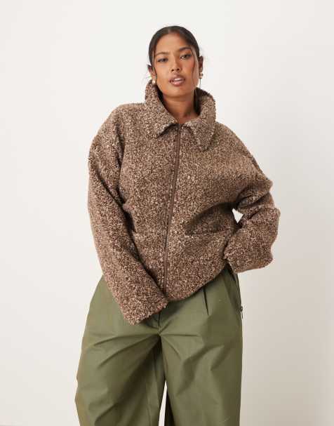 ASOS DESIGN Curve collared borg fleece zip through in two tone neutral