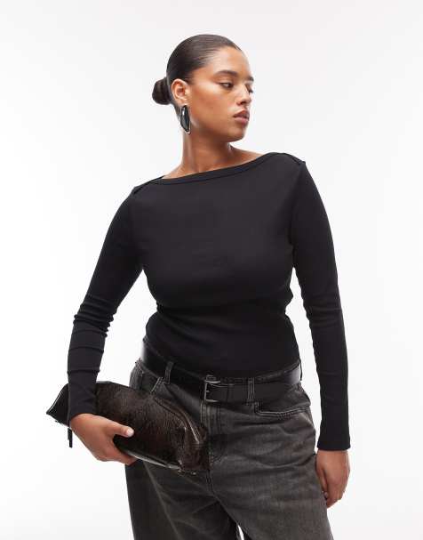 ASOS DESIGN Curve boat neck long sleeve top with binding detail in black