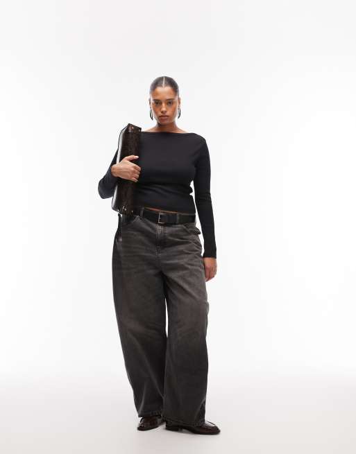 ASOS DESIGN Curve boat neck long sleeve top with binding detail in black, 4 of 4
