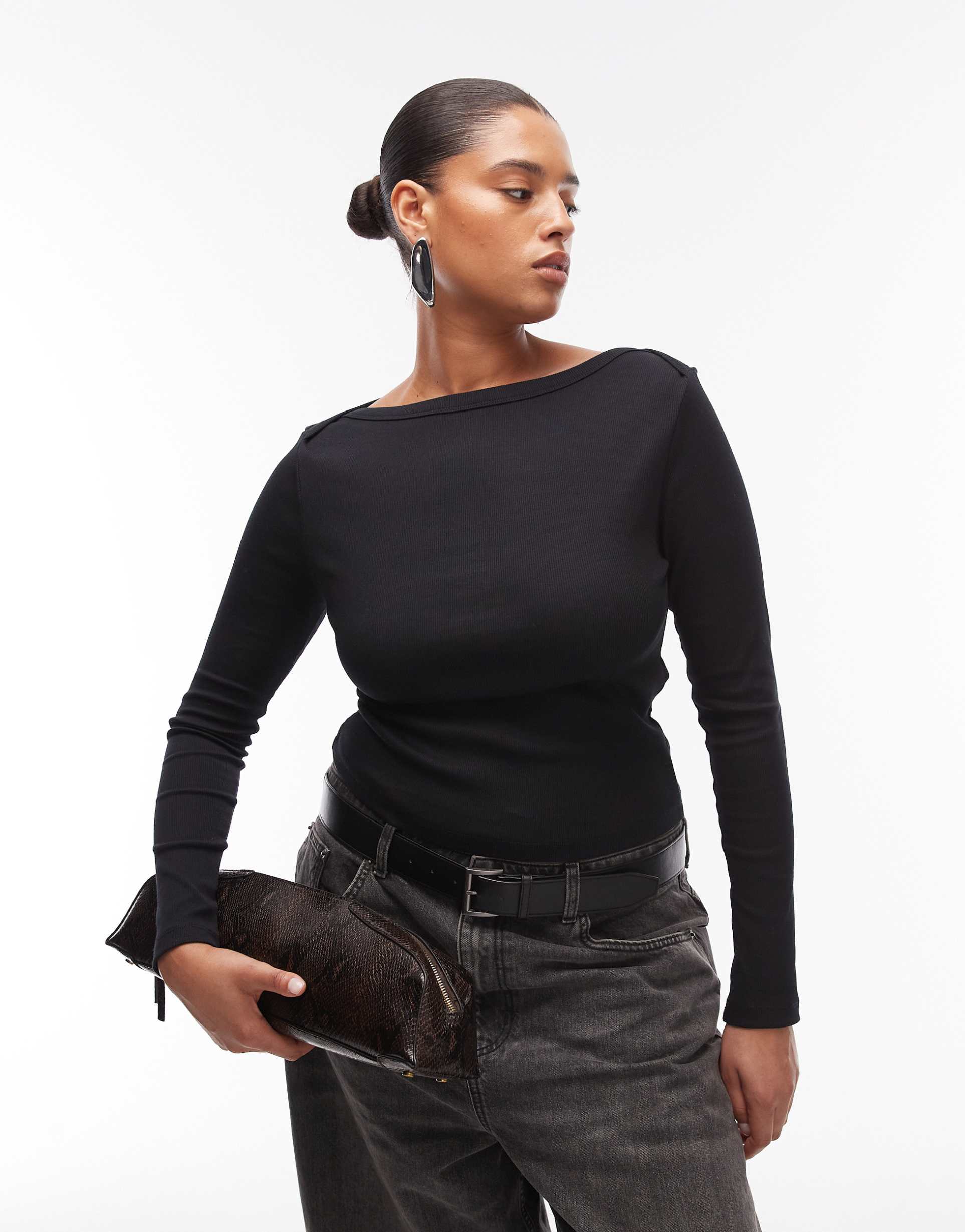 asos design curve boat neck long sleeve with binding detail in black