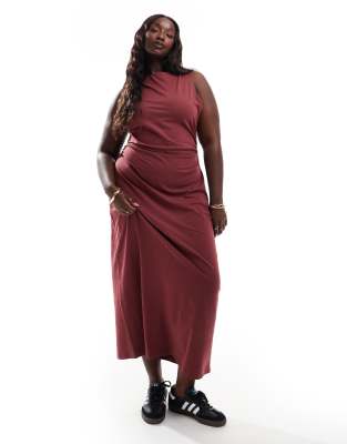 ASOS DESIGN Curve boat neck maxi dress with ruched sides in burgundy-Red