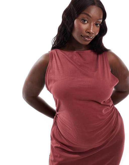 ASOS DESIGN Curve boat neck maxi dress with ruched sides in burgundy ASOS