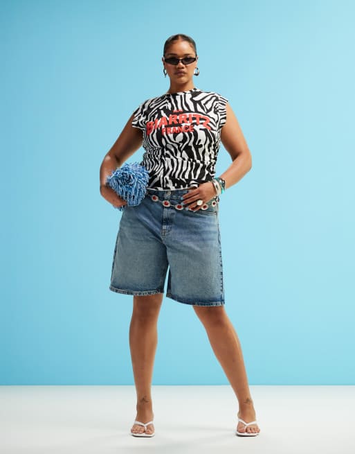 ASOS DESIGN Curve boat neck zebra print tank top with graphic