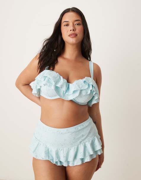 ASOS DESIGN Curve Bobbi broderie frill high waist bikini bottom in blue - view 1