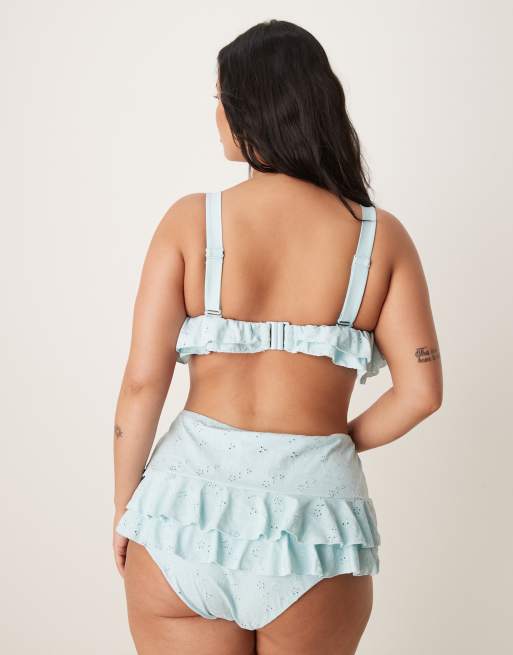 ASOS DESIGN Curve Bobbi broderie frill high waist bikini bottom in blue, 2 of 4
