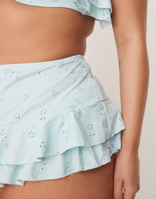 ASOS DESIGN Curve Bobbi broderie frill high waist bikini bottom in blue, 3 of 4
