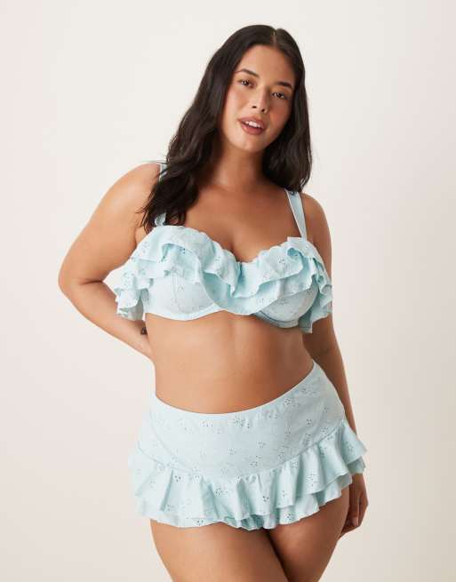 ASOS DESIGN Curve Bobbi broderie frill high waist bikini bottom in blue, 4 of 4