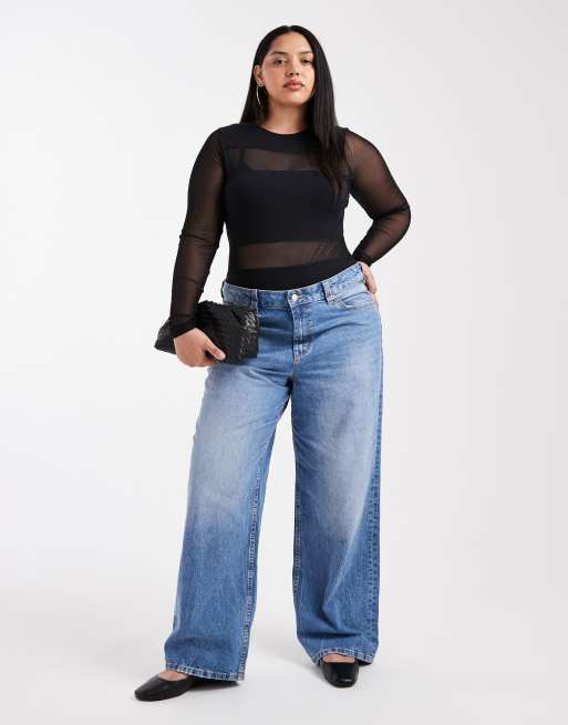 ASOS DESIGN Curve - Body a maniche lunghe con pannelli in tessuto a rete misto nero, 3 di 4