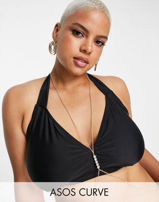 ASOS DESIGN Curve body chain with crystal breast plate detail in gold tone
