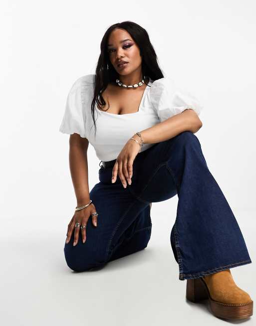 ASOS DESIGN Curve - Body in cotone di popeline bianco con maniche a sbuffo