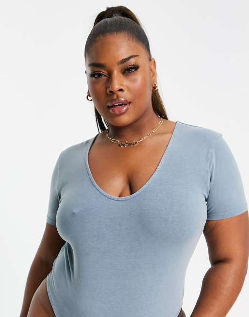 ASOS DESIGN Curve - Body met korte mouwen en wassing in blauw, 3 van 4