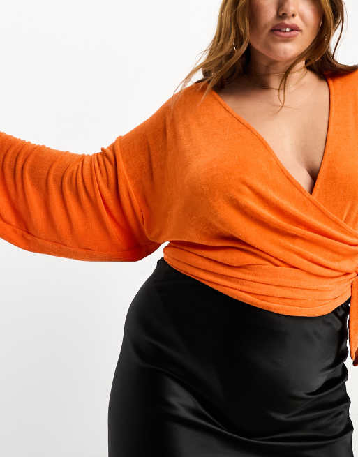 ASOS DESIGN Curve - Body met overslag van gladde stof in oranje, 4 van 4