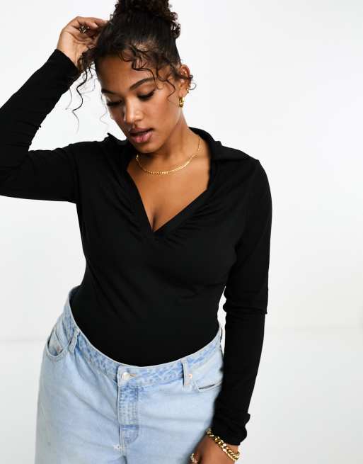 ASOS DESIGN Curve - Body nero con colletto in cotone e modal