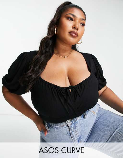 ASOS DESIGN Curve Body tendance folk a manches courtes Noir