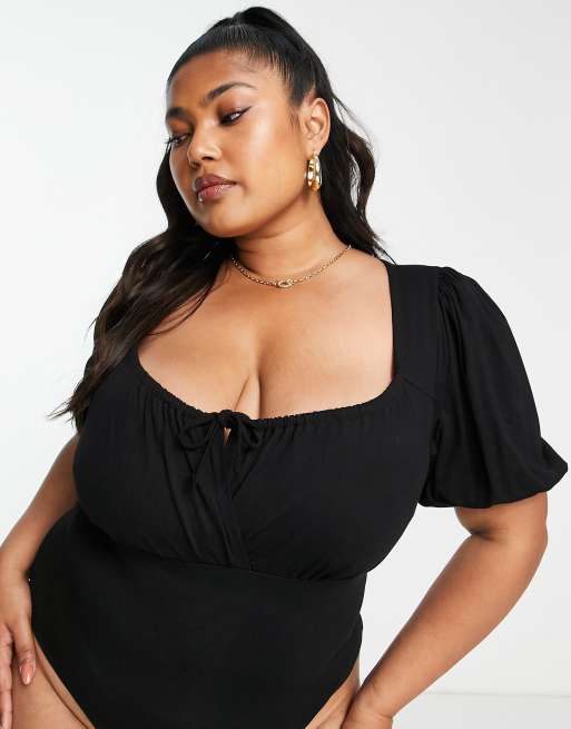 ASOS DESIGN Curve Body tendance folk a manches courtes Noir