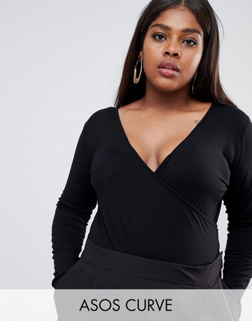 ASOS DESIGN Curve body with deep wrap front and back in black | ASOS