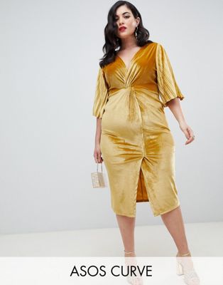 ASOS DESIGN – Curve – Bodycon-klänning i sammet med kimonoärmar i midilängd-Rosa