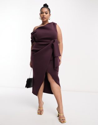 ASOS DESIGN Curve - Bodycon-Midikleid in Aubergine mit abfallender Schulterpartie und drapiertem Faltendetail-Lila