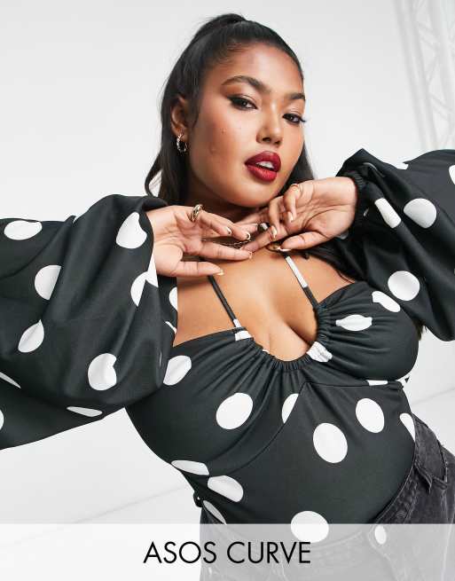 ASOS DESIGN Curve - Bodystocking med ballonærmer og halterneck i polkaprikket