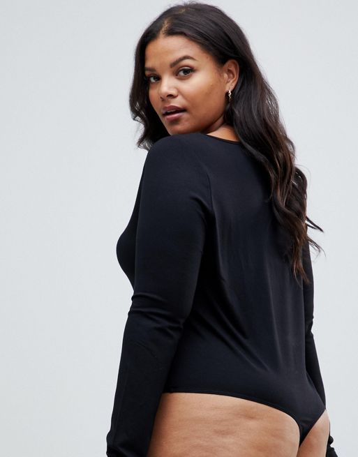 ASOS DESIGN Curve All Day smoothing bodysuit with long sleeves in black